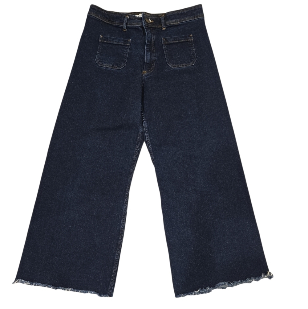 ZARA AUTUMN WOMEN'S HIGH-WAIST WIDE LEG DARK WASH CROPPED JEANS. SIZE 14.